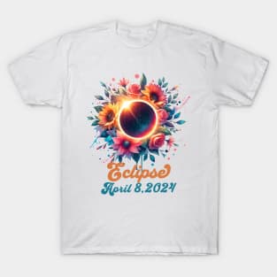 Womens Solar Eclipse With Floral Flowers T-Shirt